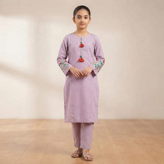 Elegant Self-Jacquard Girls Suit with Hand Embroidery & Neck Tassels