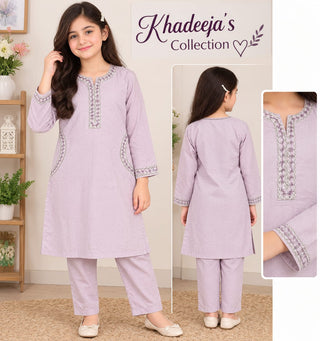 Textured Fabric Girls Suit with Machine Embroidery & Pocket Details