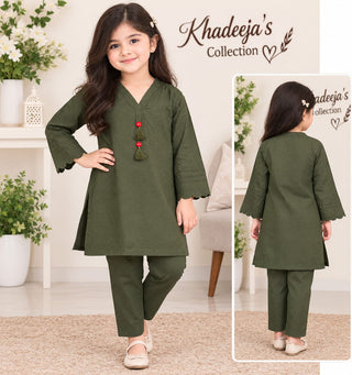 Self-Jacquard Girls Shalwar Kameez with V-Neck & Tassels