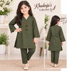 Self-Jacquard Girls Shalwar Kameez with V-Neck & Tassels